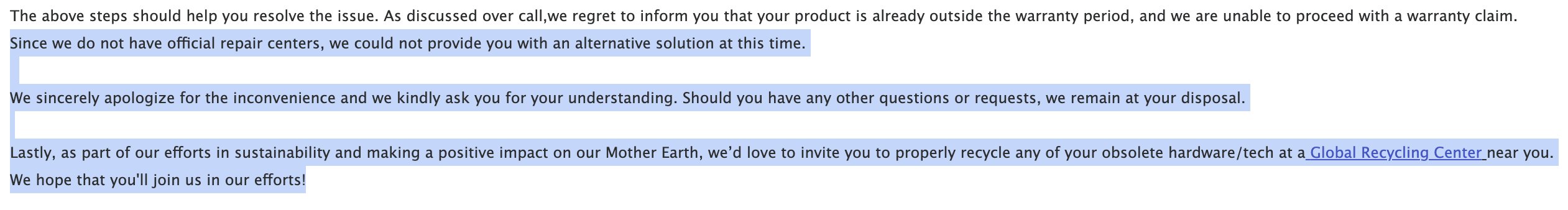 Email from Logitech support