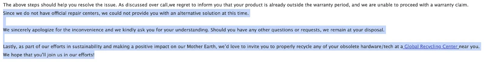 Email from Logitech support